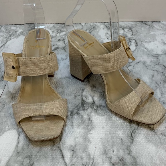 Sam Edelman New York sandal heels tan/gold tone , large buckles, very elegant.